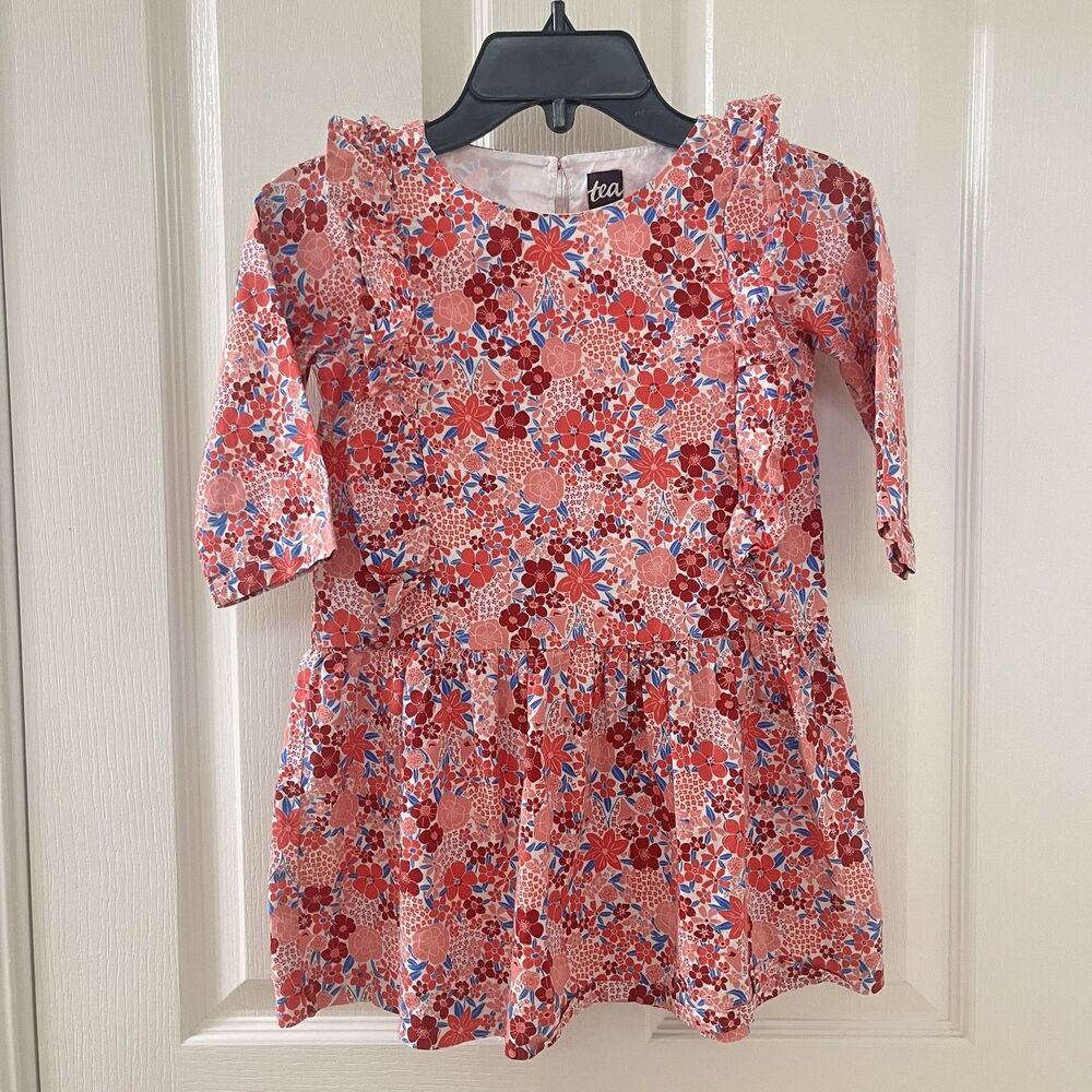 Tea Collection Pink Floral Ruffle Dress Cotton Girls Size 5
